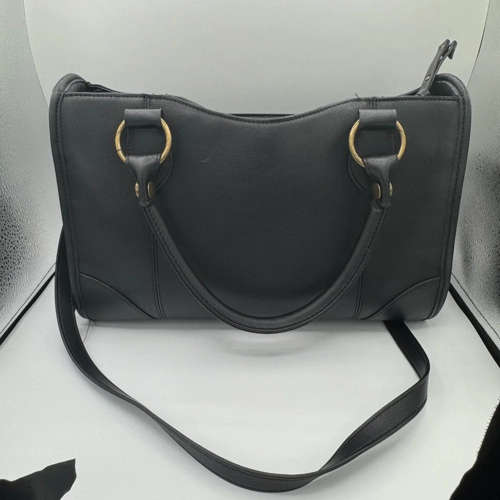Frye and Co Black Faux Leather Satchel Crossbody Bag Brass Hardware Large